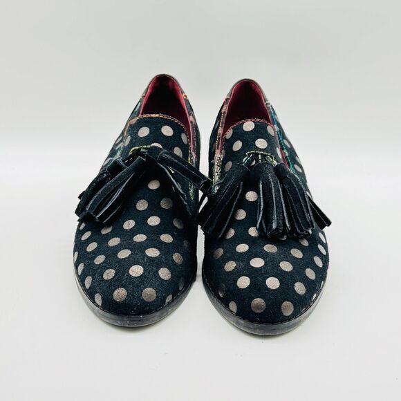 L'Artiste Shoes Womens 38 US 7.5 8 Black Gold Polka Dot Loafers Tassel Heels - Picture 4 of 13